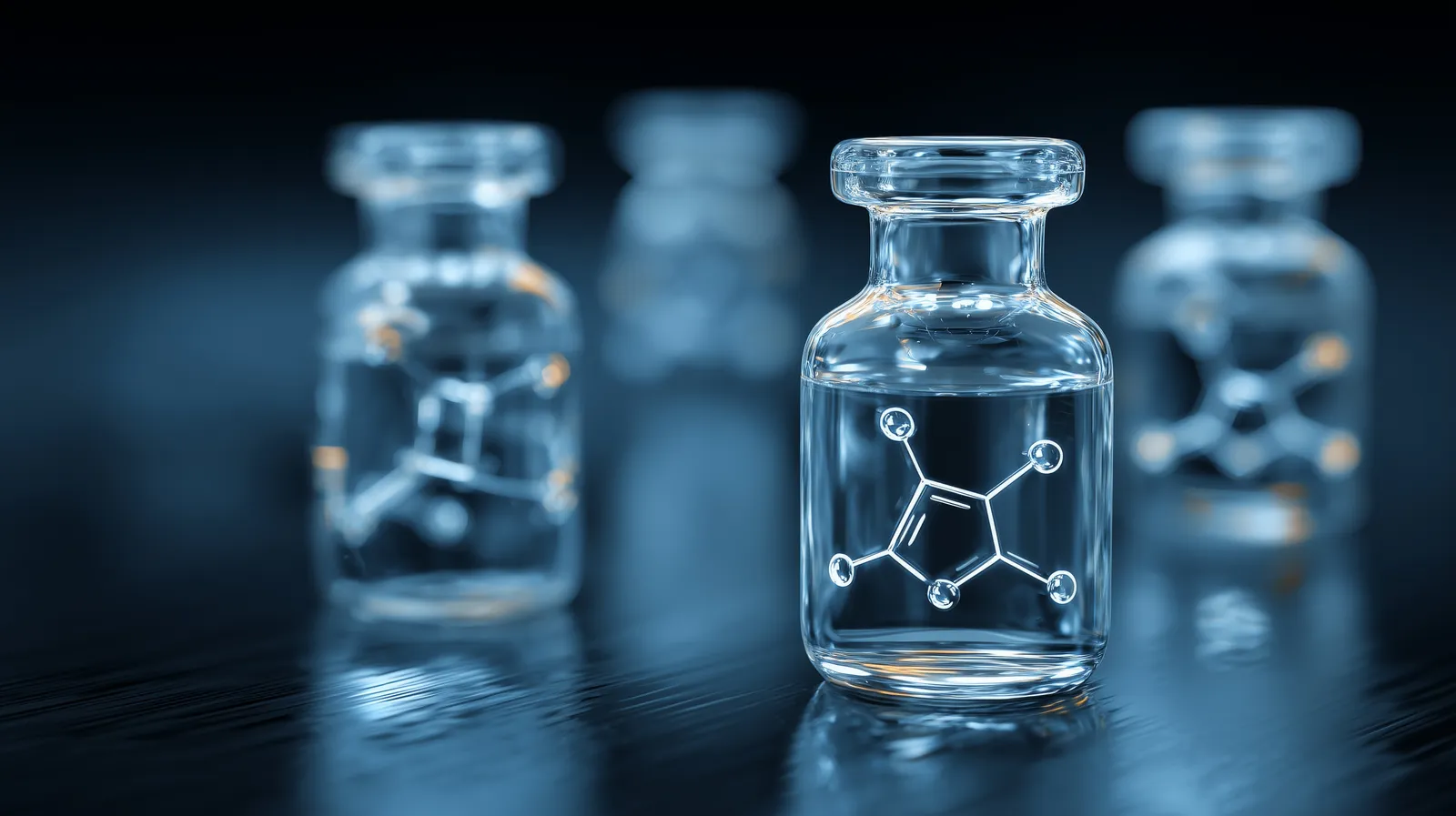 Peptide research vials with molecular structures